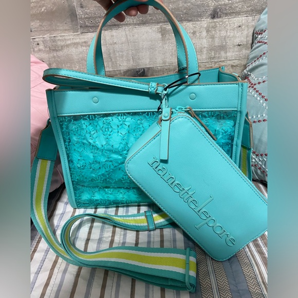 NEW nanette lepore Arianna clear logo satchel with solid wristlet Teal SALE - Picture 3 of 9